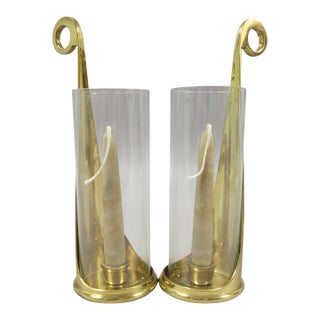 Pair of Solid Brass Candle Holders With Glass Hurricanes For Sale