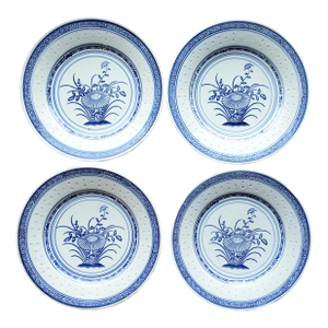 Vintage Jingdezhen Chinese Rice Grain Porcelain Dinner Plates - Set of 4