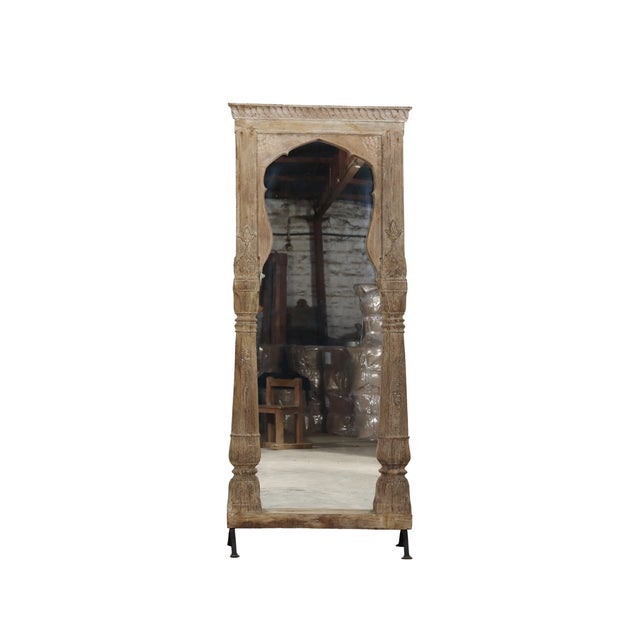 Antique Indian Bleached Teakwood Archway, C. 1900, With a Mirror Added on Iron Legs For Sale - Image 4 of 5