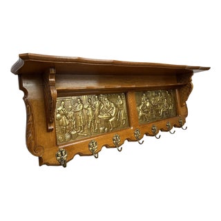 Vintage French Oak 7-Hook Coat Rack with Brass Panel For Sale