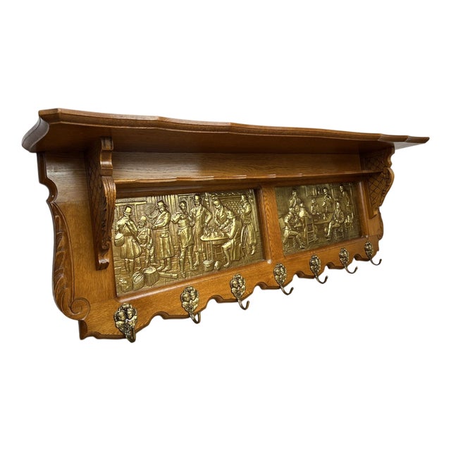 Vintage French Oak 7-Hook Coat Rack with Brass Panel For Sale