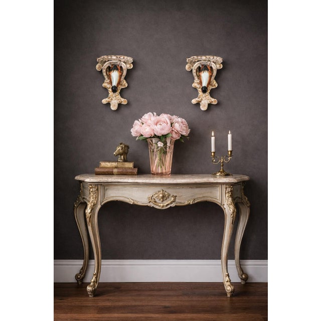 Mid 19th century English Staffordshire pottery horse head wall brackets featuring a bold molded form with horseshoe...