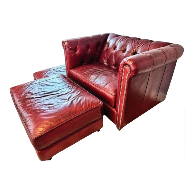 Vintage Chesterfield "Man and a Half" Leather Chair and Matching Ottoman, Meticulously Handcrafted by Distinction Furniture of North Carolina. For Sale