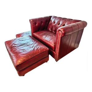 Vintage Chesterfield "Man and a Half" Leather Chair and Matching Ottoman, Meticulously Handcrafted by Distinction Furniture of North Carolina.