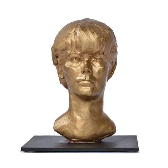 Realism Sendelbach Signed Gold Painted Clay Bust of Young Boy on Slate Base For Sale - Image 3 of 12