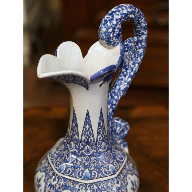 19th Century French Hand Painted Blue and White Faience Ewer Signed Hr Quimper For Sale - Image 9 of 12