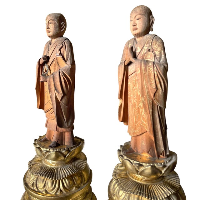 Early 20th Century A Pair of Antique Japanese Taishō Carved Zushi Monks on Gilt Bases For Sale - Image 5 of 8