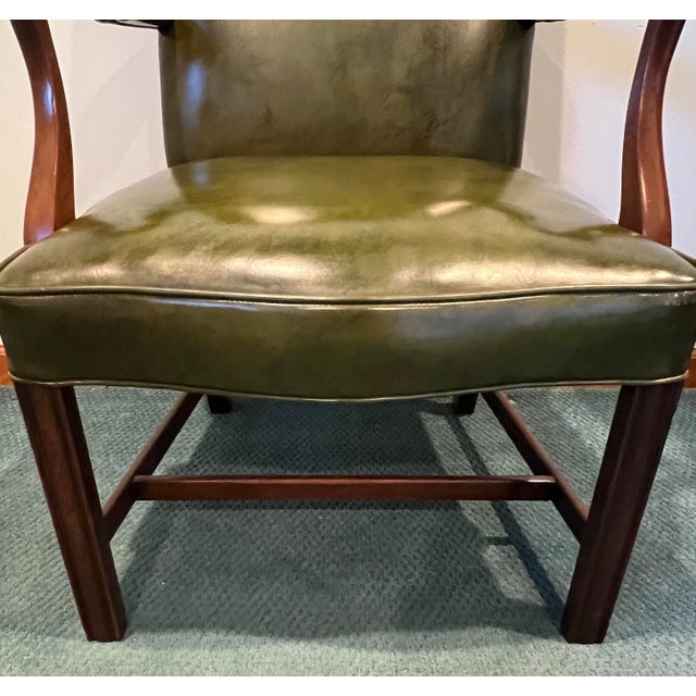 1980s Kittinger Green Leather Chippendale Style Gainsborough Chair For Sale - Image 5 of 10