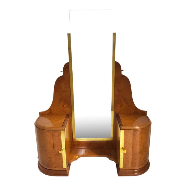 Early 20th Century French Art Deco Amboyna Vanity/ Dressing Table With Brass Trim For Sale