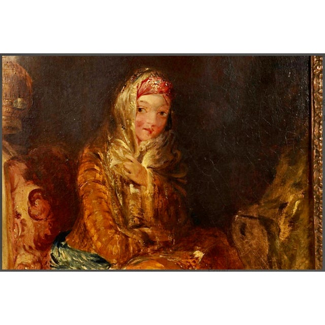 This is a charming late 19th c. Orientalist paintings of a young girl seated in a traditional doorway. Alfred Joseph...