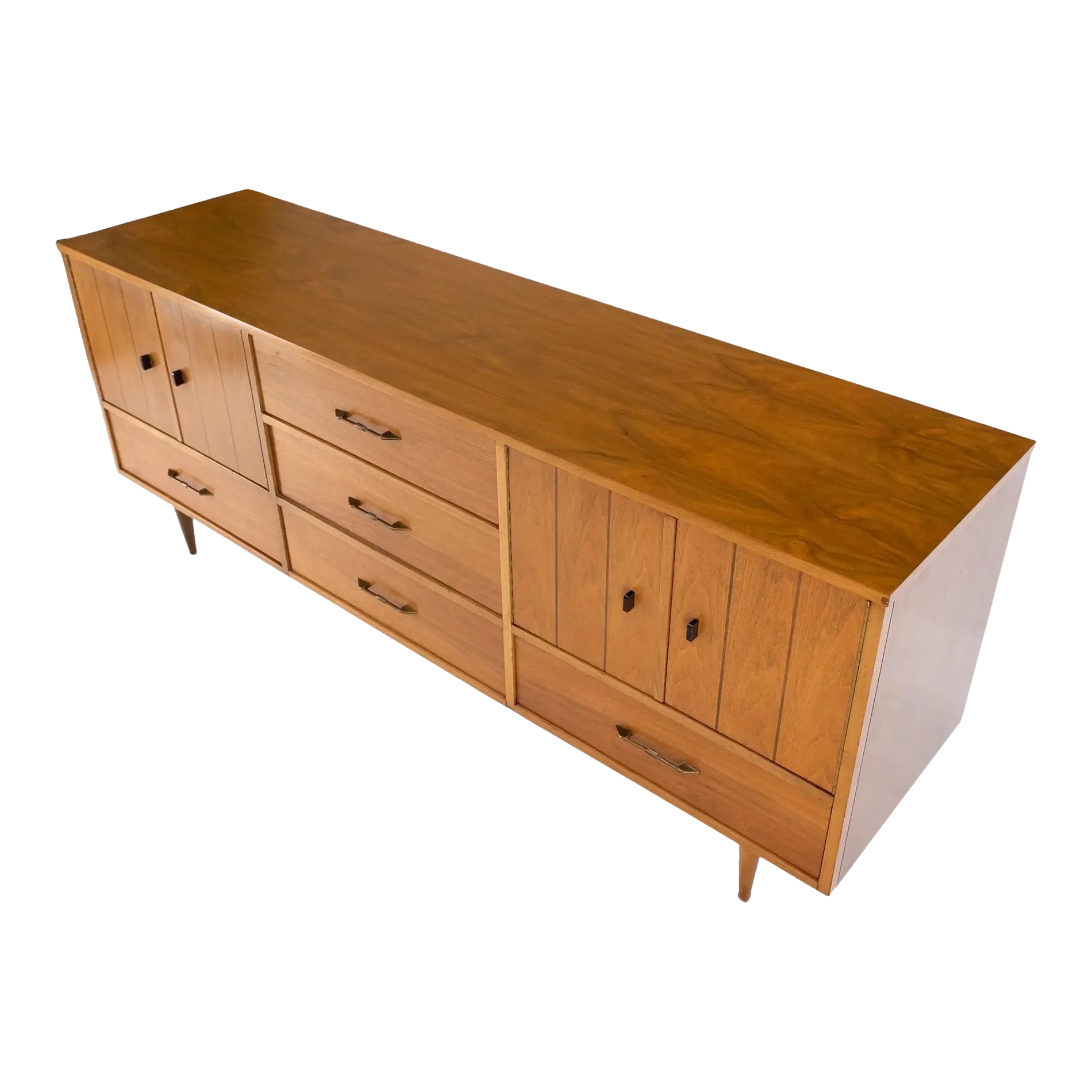 5 Drawers Two Door Compartments Long Walnut Credenza Dresser Dowel Legs |  Chairish