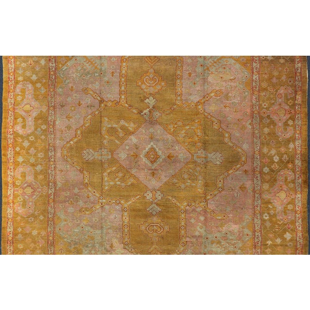 Squared Shape Antique Oushak Rug in Green, Marigold, Cream and Pink Color For Sale - Image 4 of 17