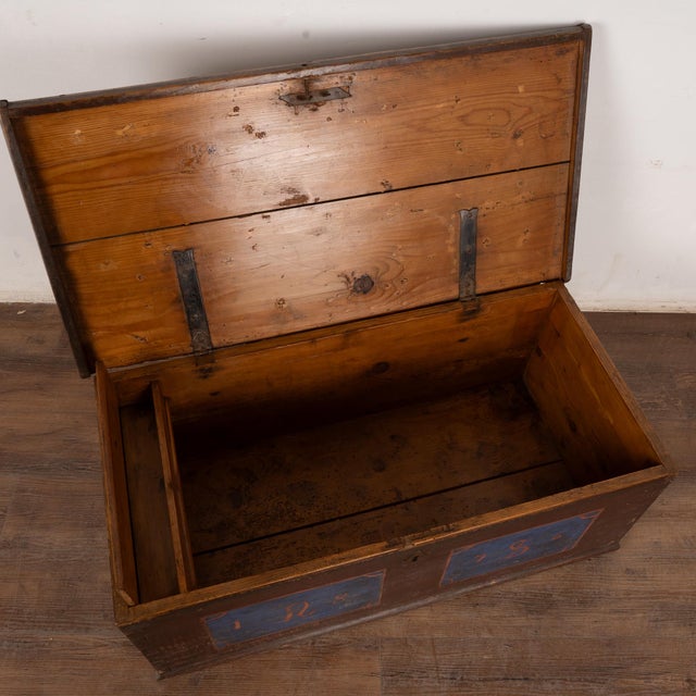 Rustic European 19th Century Hand Painted Flat Top Trunk Dated 1876 For Sale - Image 3 of 9