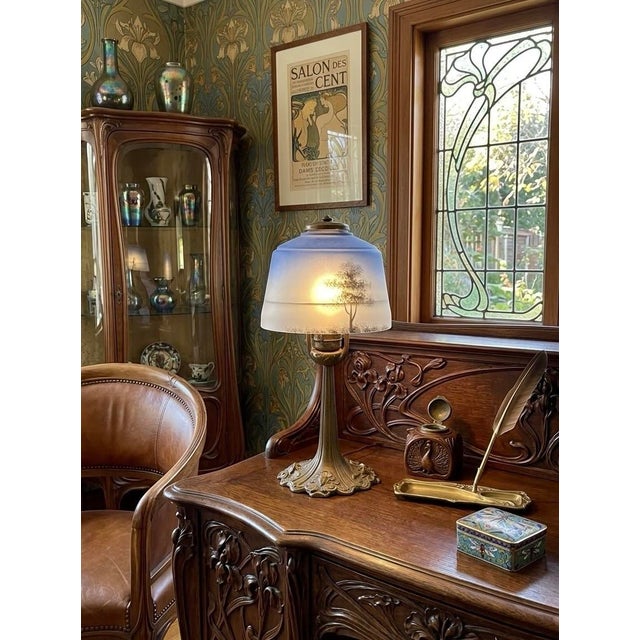 Antique Aladdin Art Nouveau Glass & Cast Metal Reverse Painted Tree Landscape Bourdoir Table Lamp For Sale - Image 12 of 12