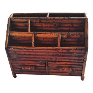 Vintage Burnt Pencil Reed Bamboo Desk Organizer With Drawers For Sale