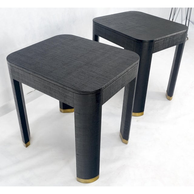 1980s Pair Black Lacquer Grass Cloth Wrapped One Drawer Night Stands End Tables For Sale - Image 5 of 9