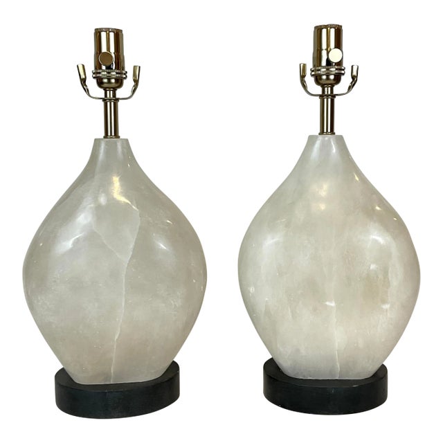Currey & Company Modern White Alabaster Table Lamps Pair For Sale