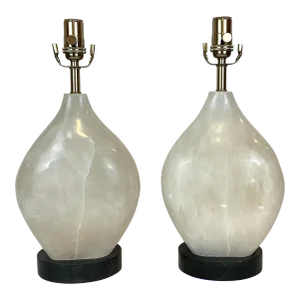 Currey & Company Modern White Alabaster Table Lamps Pair