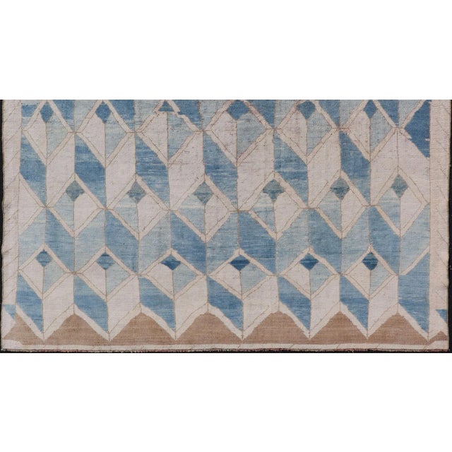 Mid 20th Century Square Vintage Turkish Oushak Kars Rug in Modern Design With Blue and Light Brown Colors For Sale - Image 4 of 12