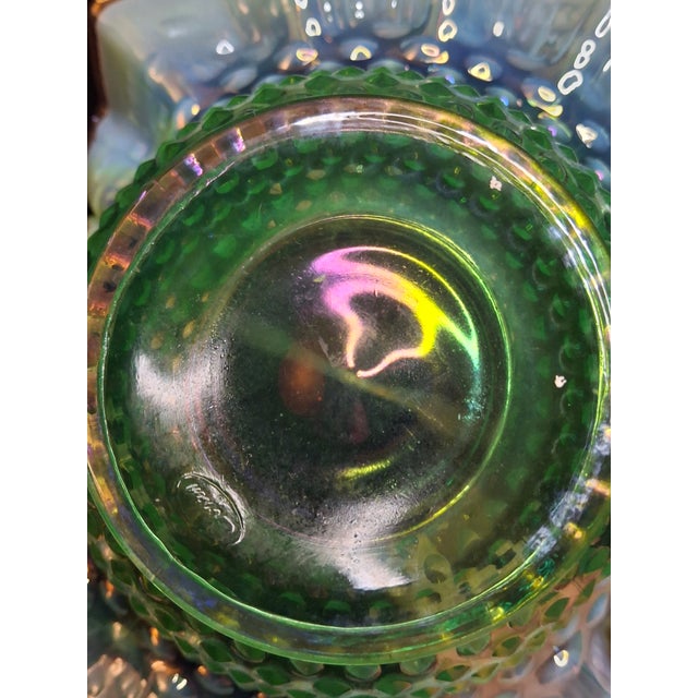 Vintage Fenton Green Opalescent Carnival Hobnail Glass Basket Ruffled Iridescent 10" For Sale - Image 12 of 16
