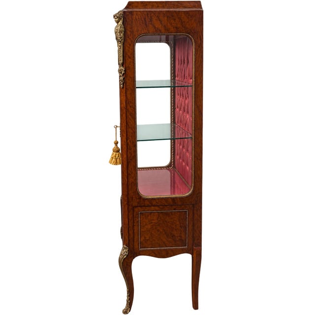 Antique French Walnut & Ormolu Mounted Vitrine Display Cabinet With Tufted Fabric Interior For Sale - Image 10 of 10