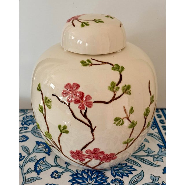 Vintage Cherry Blossom Lidded Jar — Hand‑Painted & Embossed Porcelain For Sale - Image 9 of 10