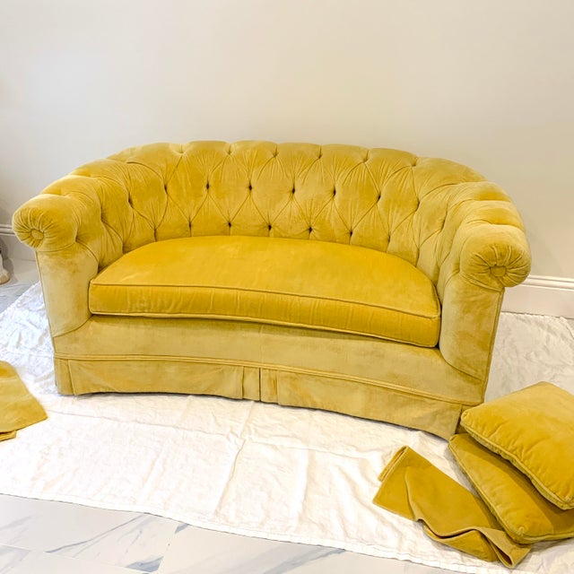 Vintage 1950s Hollywood Regency Tufted Yellow Velvet Loveseat Chairish