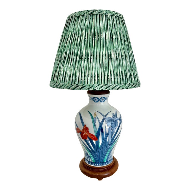 1970s Japanese Iris Lamp With Green Pleated Shade For Sale