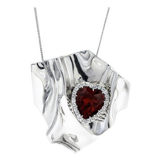 10ct Heart Shape Garnet & 1.5ct Diamond Pendant /Pin 14kt White Gold 35gm For Sale