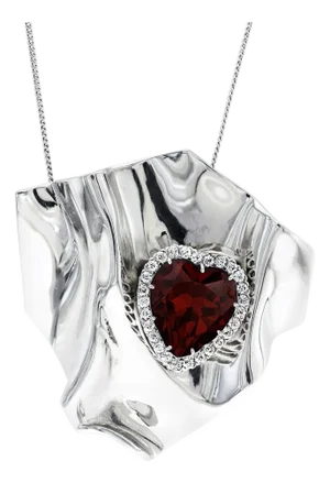10ct Heart Shape Garnet & 1.5ct Diamond Pendant /Pin 14kt White Gold 35gm
