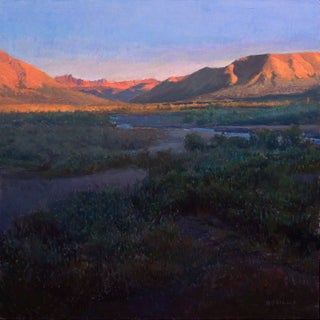 Denali by Raymond Bonilla | Oil on panel Landscape of mountains and valleys at sunset For Sale