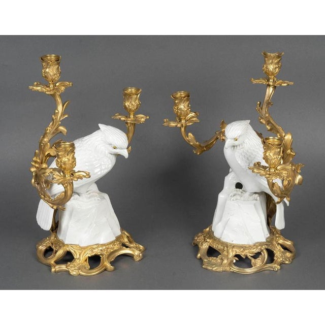 Pair of candelabra, napoleon iii period, 19th century, in gilt bronze and japanese porcelain, topped with falcons and...