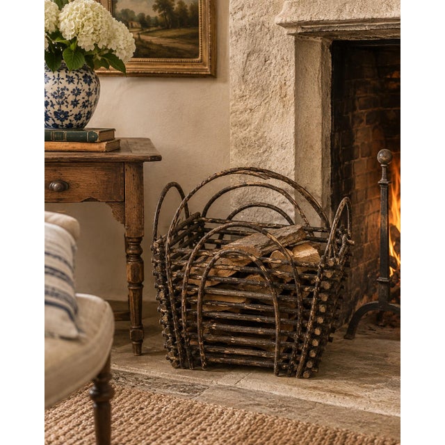 A beautifully hand-made early 20th century American rustic twig basket with natural tones. Its restrained simplicity and...