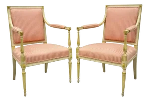 Early 1900's Italian Neoclassical Parcel Gilt Cream Louis XVI Directoire Arm Chairs