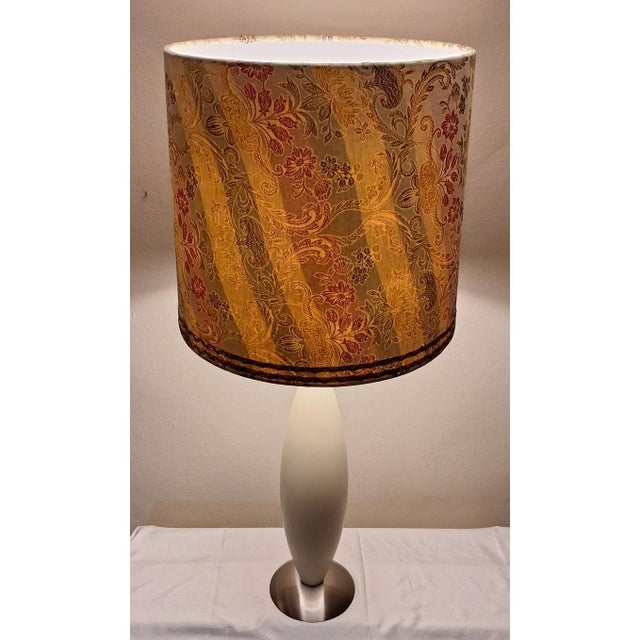 Large Vintage Table Lamp with White Wooden Base, Stainless Steel Plinth and Fabric Shade, 1990s For Sale - Image 3 of 10