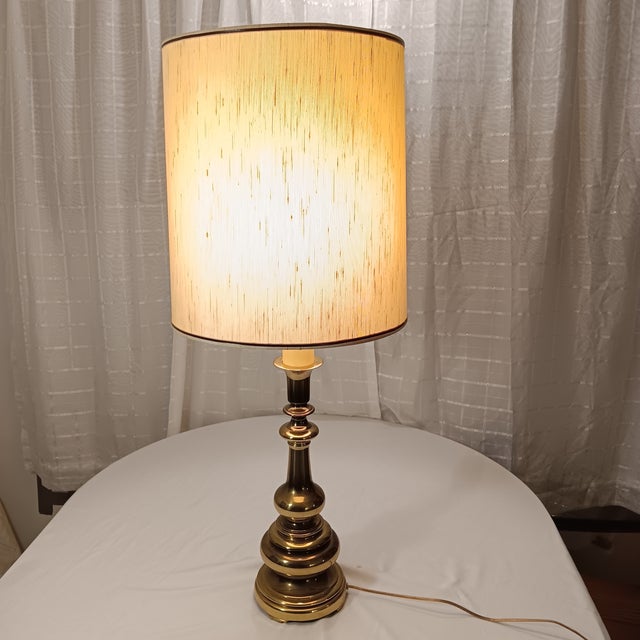Vintage Tall Two-Tone Solid Brass and Bronze Tone French Candlestick Style Neoclassical Table Lamp With Original Shade For Sale - Image 10 of 12