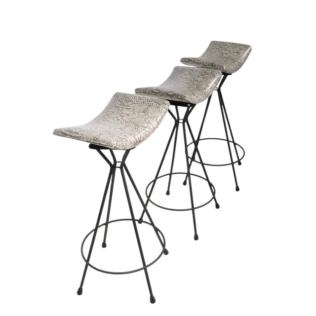 Mid 20th Century Set of Three Mid 20th Century Swivel Bar Stools in New Faux Python Vinyl Upholstery For Sale - Image 5 of 18