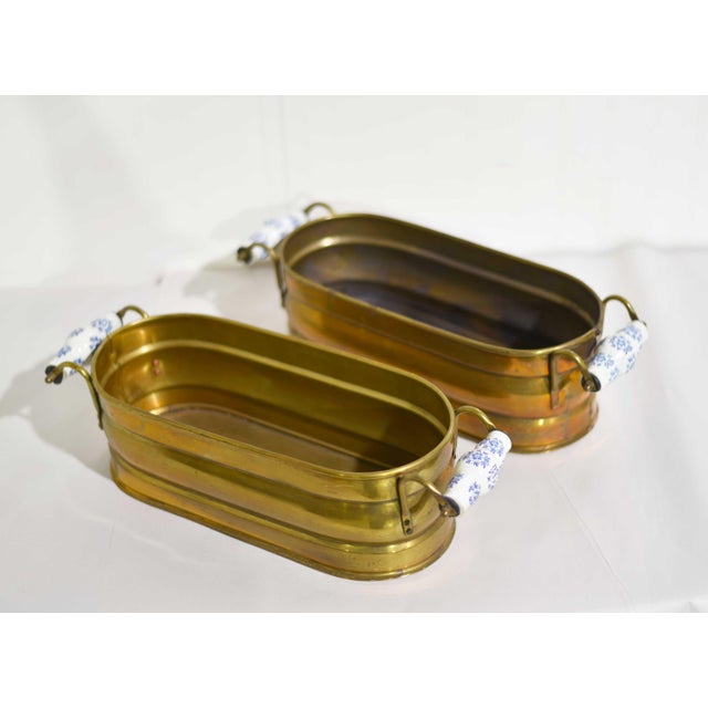 Mid 20th Century Vintage Brass Herb Planters With Blue & White Ceramic Handles - A Pair For Sale - Image 5 of 12