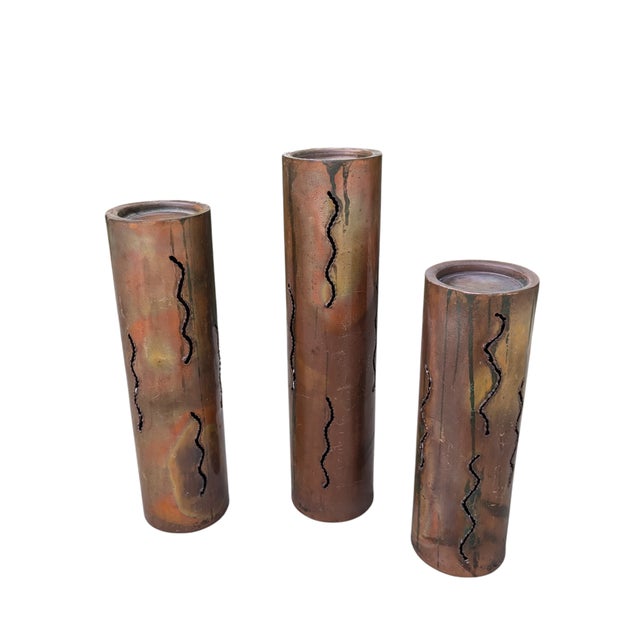 1960s Brutalist Torched Cut Copper Metal Pillar Candle Holders-Set of 3 For Sale In Charlotte - Image 6 of 12