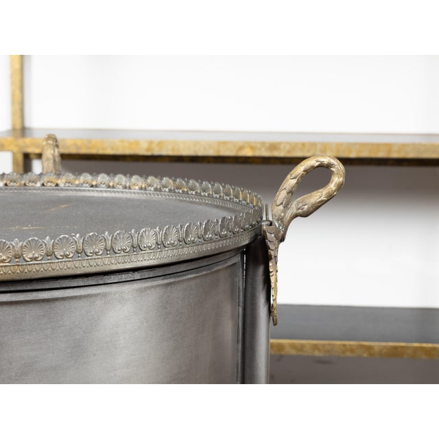 Metal Pair of Trouvailles Metal and Brass Side Tables with Swan Necks and Doors For Sale - Image 7 of 11