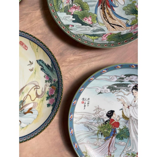 Yellow Early 20th Century Set of Four (4) Asian Decorative Playes of Asian Goddess For Sale - Image 8 of 9