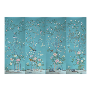 Chinoiserie Style Hand-Painted Wallpaper, Turquoise Floral & Bird Mural, Wall Panels for Living Spaces