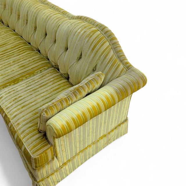 Textile Vintage 96” Tufted Striped Sofa – Mid-Century Curved Back Couch, Cleaned + New Foam Included, Unique Hollywood Regenc... For Sale - Image 7 of 18