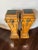 Pair of Burlwood Veneer Pedestal with Marble Top and Brass detail. Lion Head brass design on all 4 sides of each pedestal....