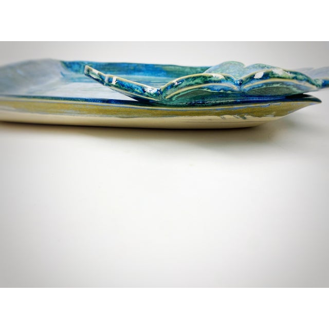 Blue-Green Crystalline Glaze Studio Pottery Serving Platter With Sculptural Bowl, 13″ For Sale In Atlanta - Image 6 of 9