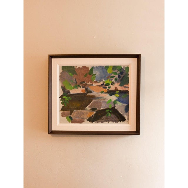 Loose abstract landscape in oil, with blocky planes of brown, mauve, slate blue and blush broken up by quick leaf-shaped...