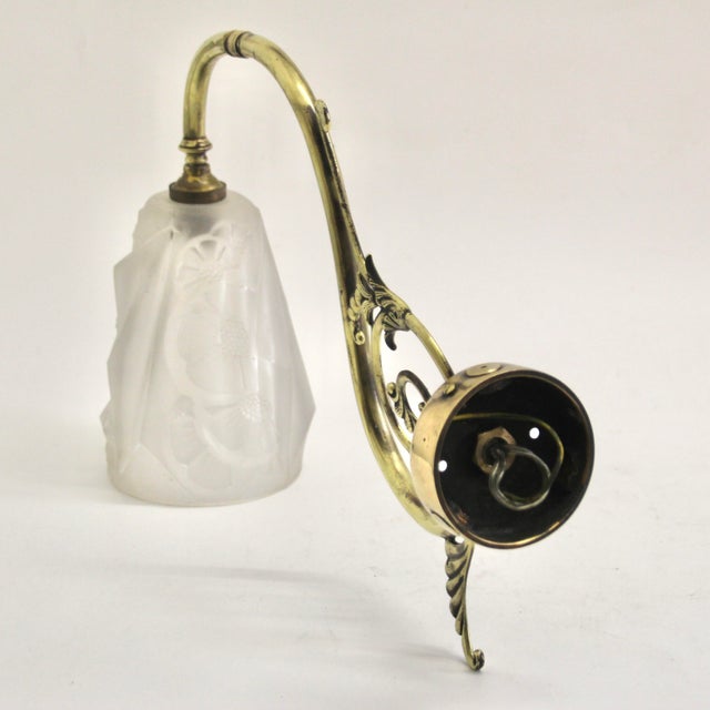 Metal French Art Deco Sconce with Brass Fixture and Glass Shade, 1930s For Sale - Image 7 of 8
