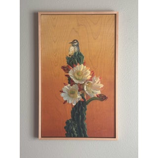 Cactus Wren and Desert Bloom by Terra Novak | Oil on wood of a bird on a cactus with flowers For Sale