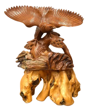 Monumental Japanese Eagle Statue in Teak with Burlwood Pedestal