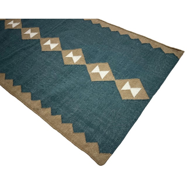 Handmade New Zealand Wool Dhurrie Runner, Turquoise Blue, Cream and Beige Diamond Runner Rug - 3'x16' For Sale - Image 13 of 15